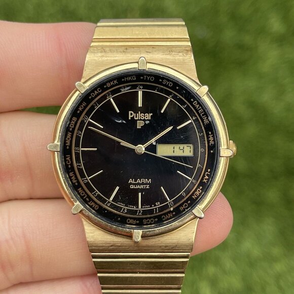 Vintage Pulsar Y960-6059 Men Rotate Bezel Quartz Watch Gold Tone Dead Battery - Picture 1 of 9